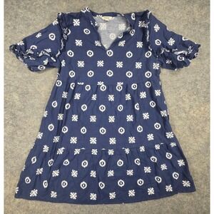 Goodthreads Navy Blue Ikat Linen Blend Tiered Ruffle Babydoll Dress Large